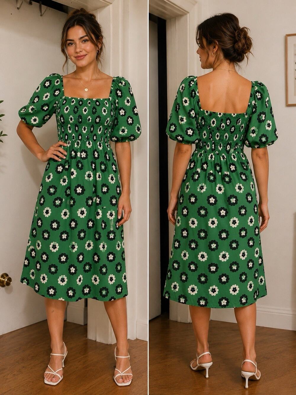 Green Floral Puff Sleeve Midi Dress Smocked Cottagecore Boho Size Small